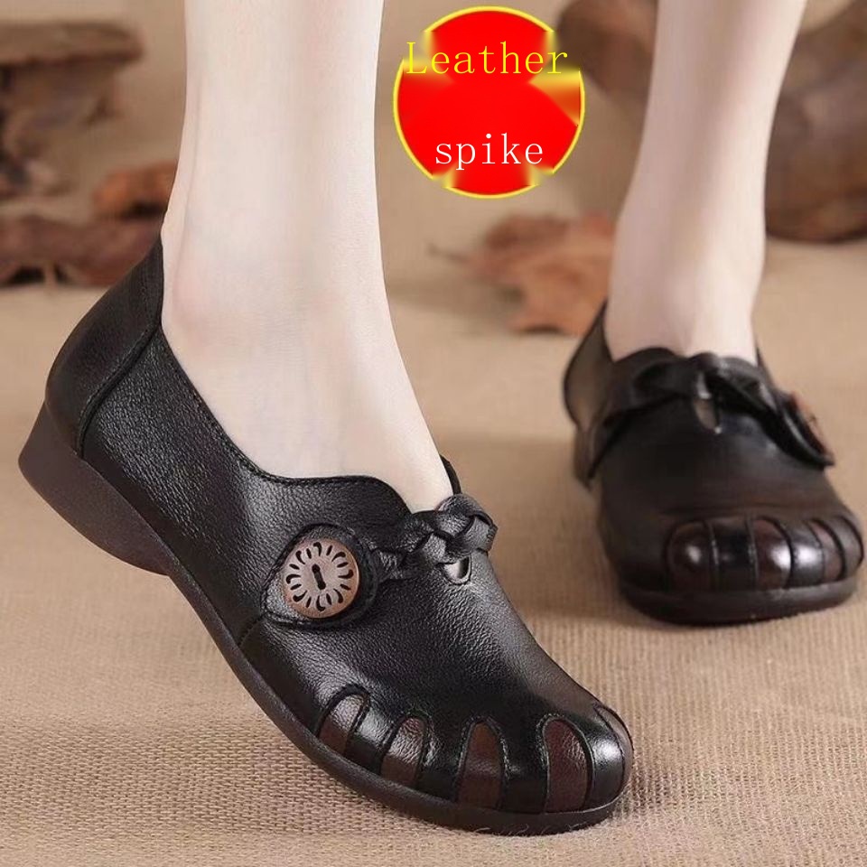 Giày Da Thật Đế Bằng Mềm Mại Thoải Mái Chống Trượt Phong Cách Dân Tộc Mùa Xuân 2021 Cho Phụ Nữ Trung Niên