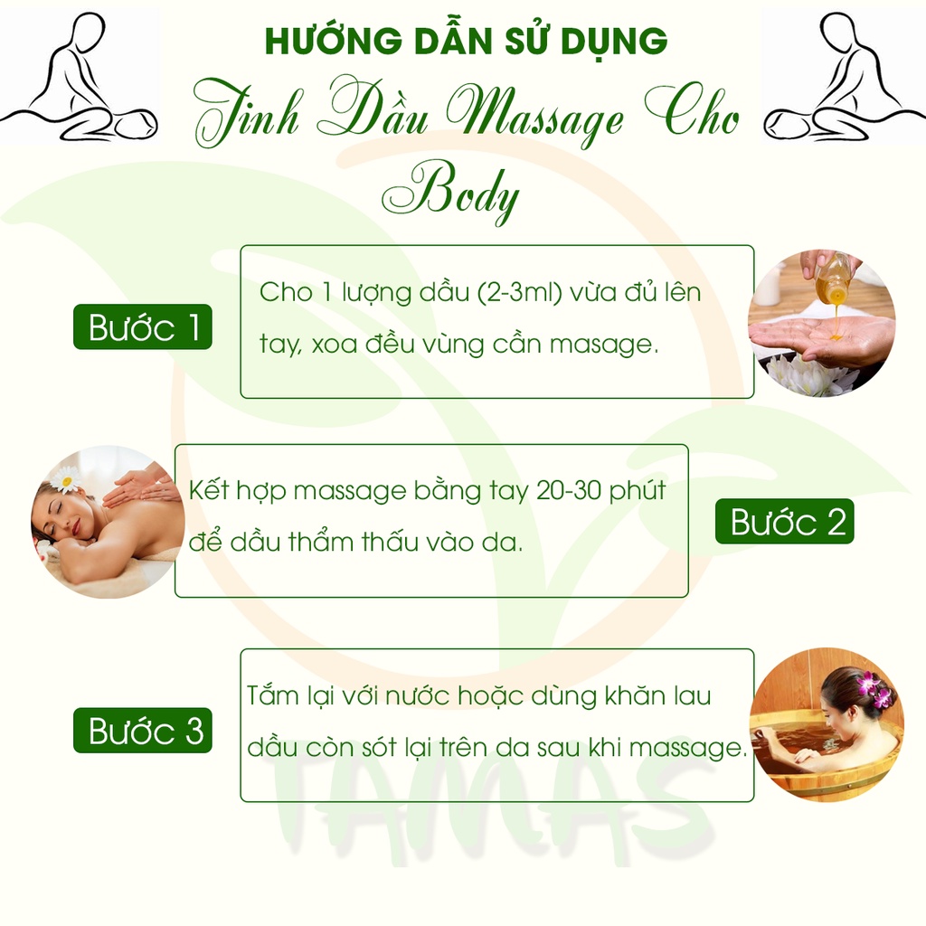 Tinh dầu massage chai 50ml TAMAS, giúp dưỡng ẩm, trắng da, tăng sự đàn hồi cho da, an toàn tuyệt đối,...