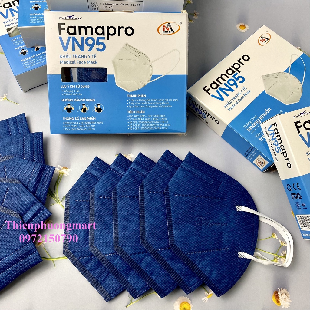 Khẩu trang VN95 FAMAPRO Nam Anh 10 cái/ hộp kháng khuẩn 8 màu Trắng / Xám / Đen / Xanh / Rêu / Hồng / Vàng Nhạt