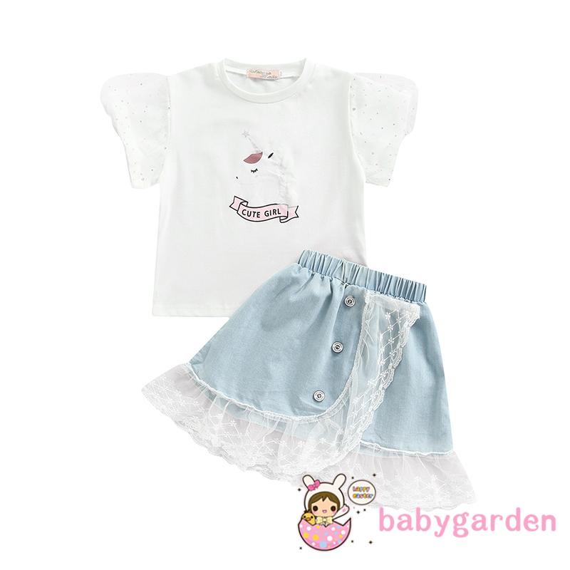 Bộ áo thun tay ngắn in hoạt hình + Chân váy jean phối lưới thời trang mùa hè cho bé gái 2-7 tuổi