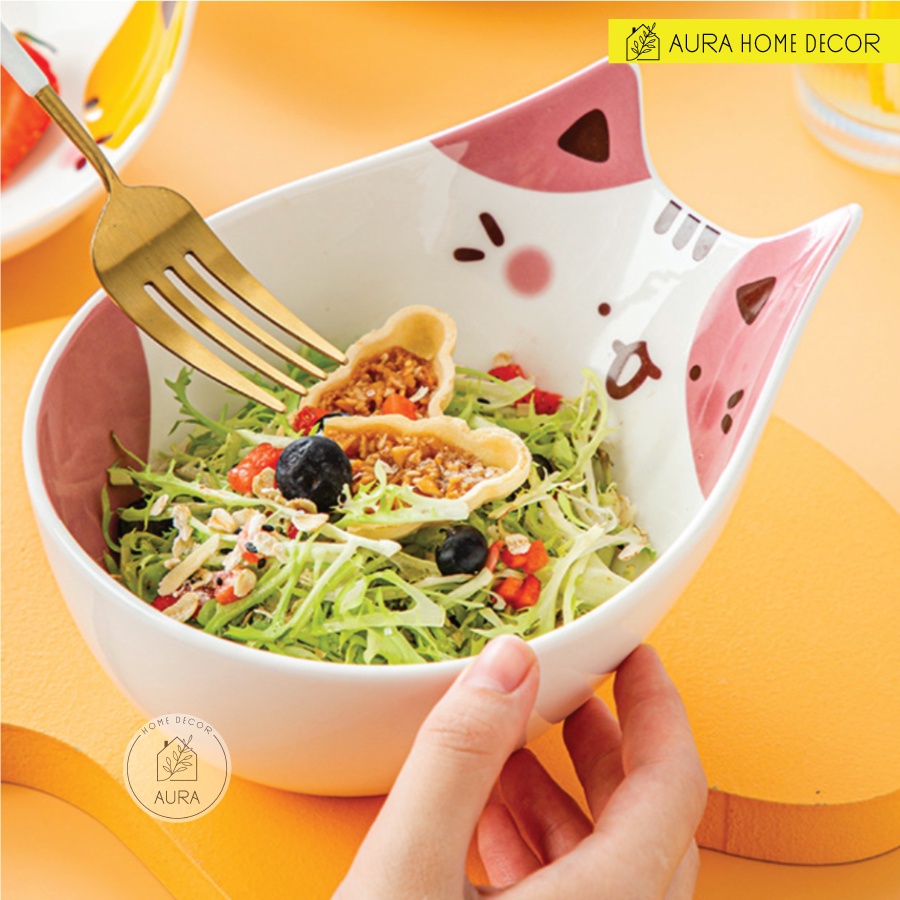 Bộ bát cơm, bát tô, đĩa hình mèo trắng vàng dễ thương - Chất liệu gốm sứ men bóng cao cấp