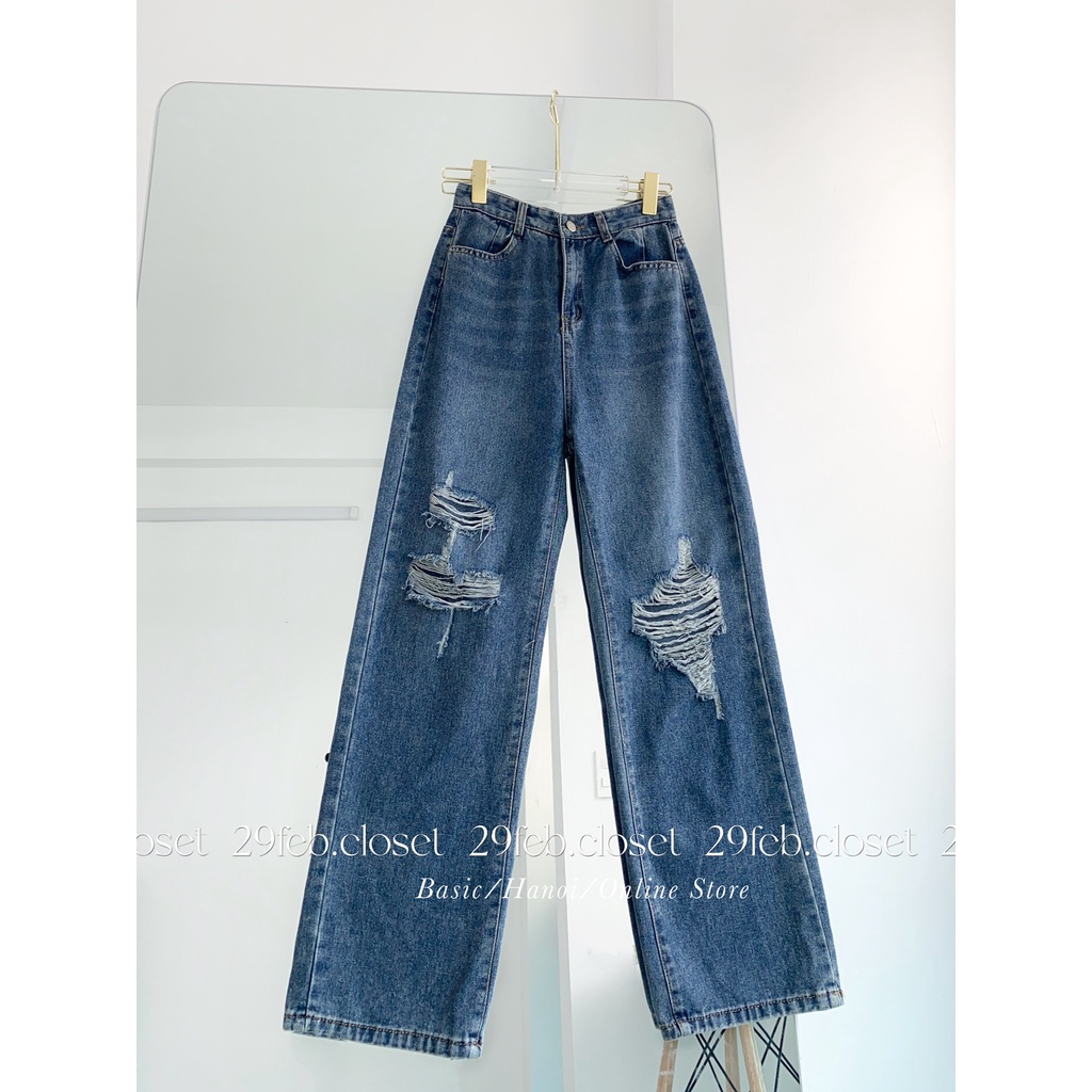 Quần jeans suông rách gối cạp cao - 29feb.closet - Q43