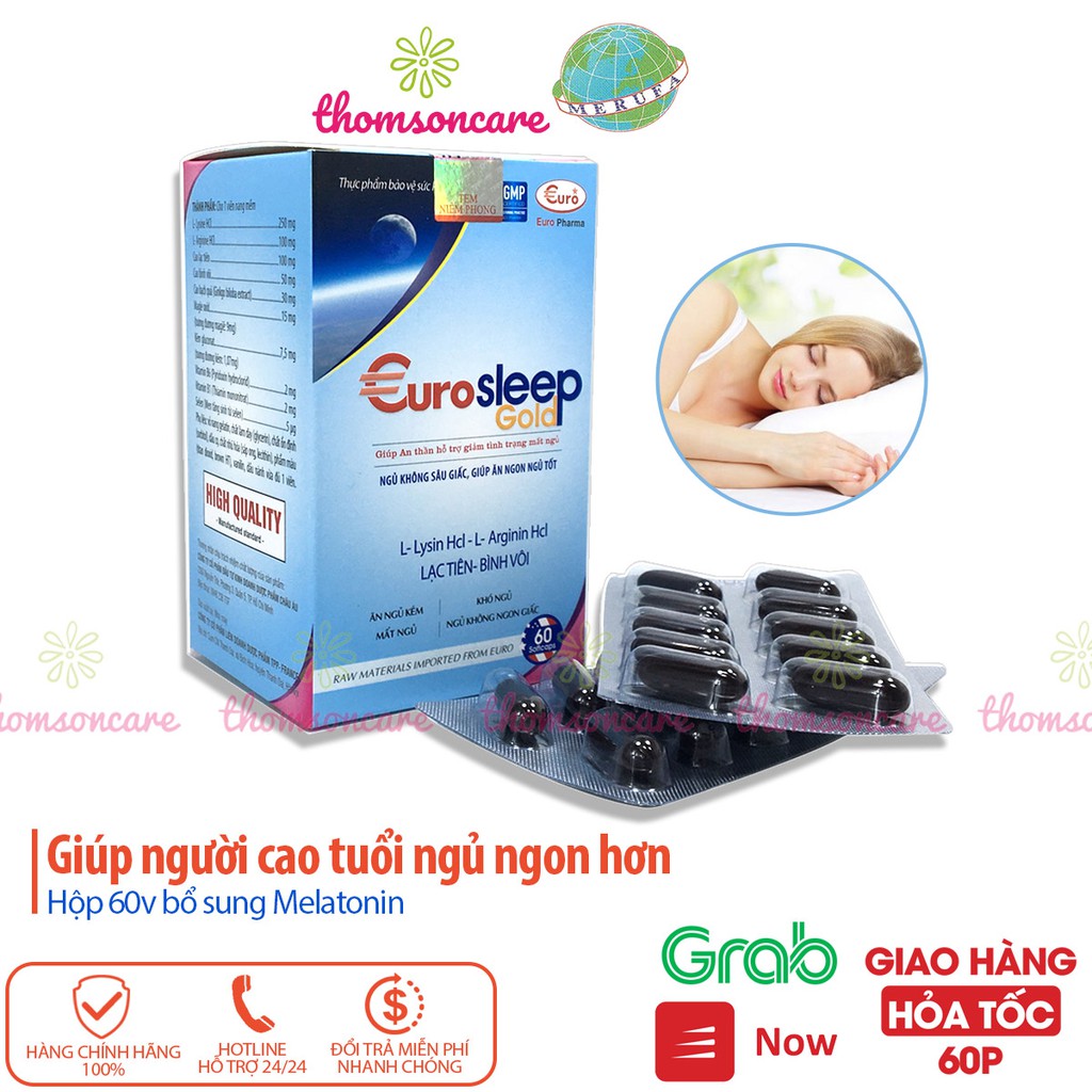 Viên ngủ ngon, giảm mất ngủ, an thần từ Melatonin, sâu giấc từ thảo dược Euro Sleep hộp 60v