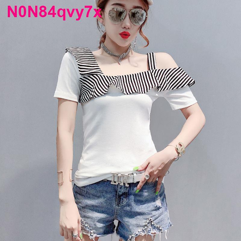 SHOP XINH Áo sơ mi nữ ngắn tay thun sọc mùa hè Thời trang mới Slim vai đầu tiên Quần tuyệt đẹp