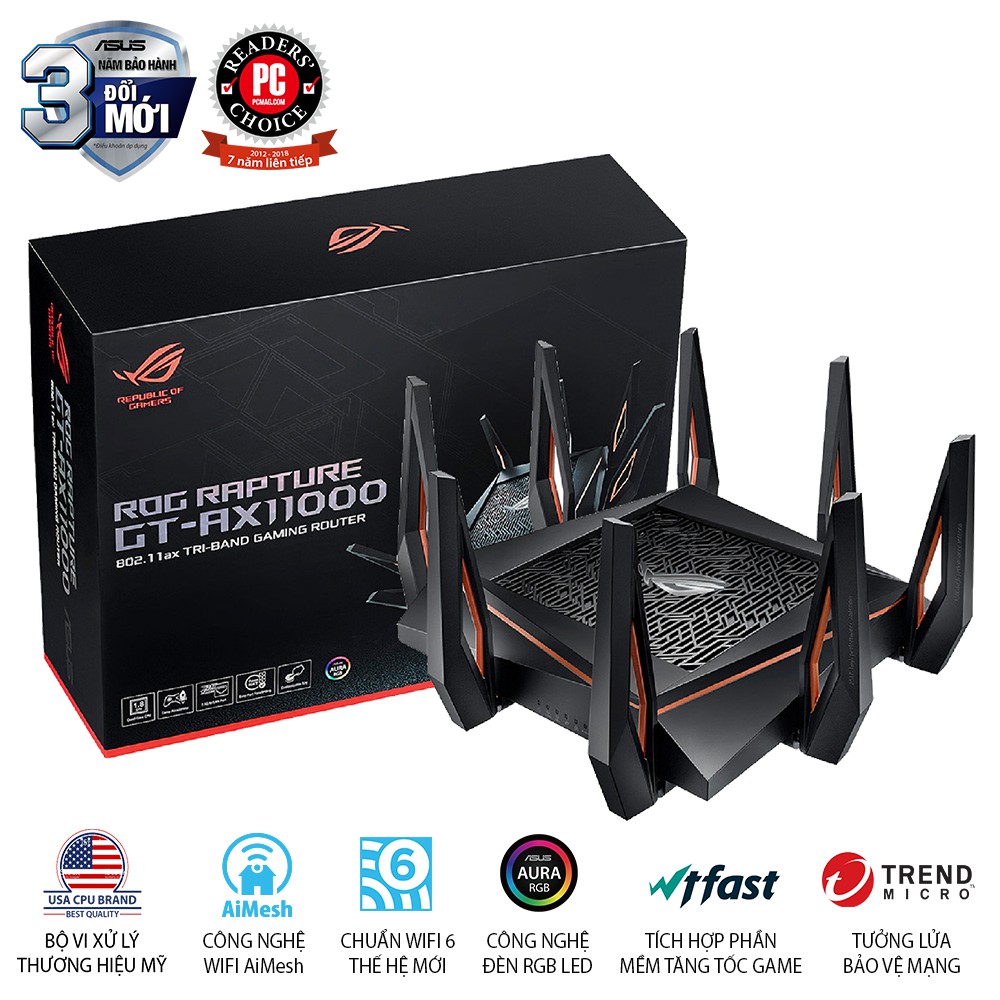 Bộ phát wifi router Asus Rog Rapture GT-AX11000 AX11000 WTFast, AiMesh 360 WIFI Mesh