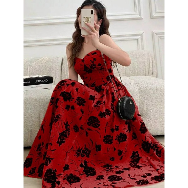 Đầm maxi xoè 2 dây hoa kem đen