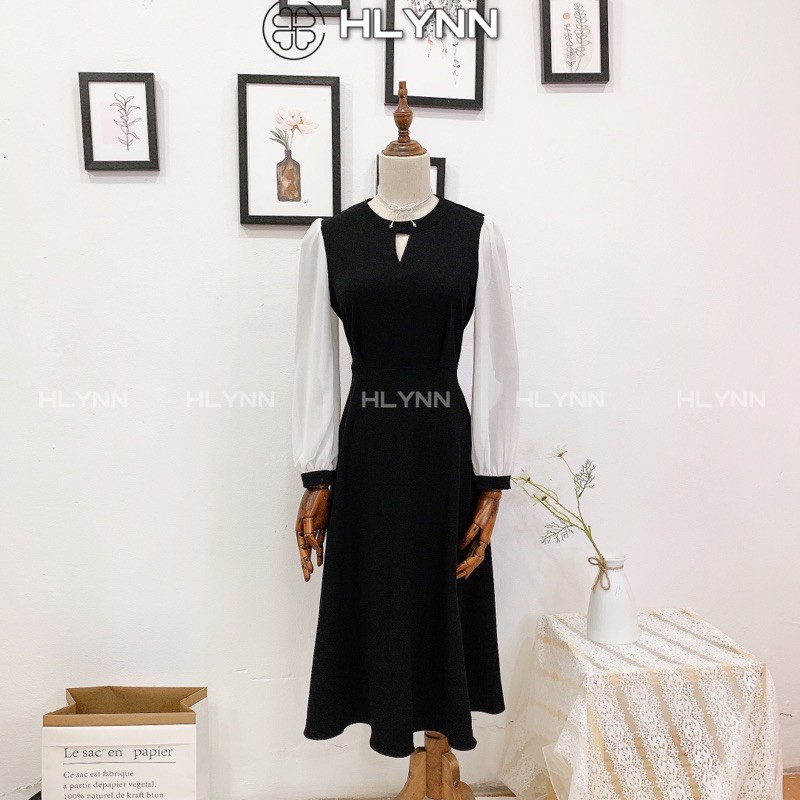 Đầm đen dài phối tay voan trắng m101