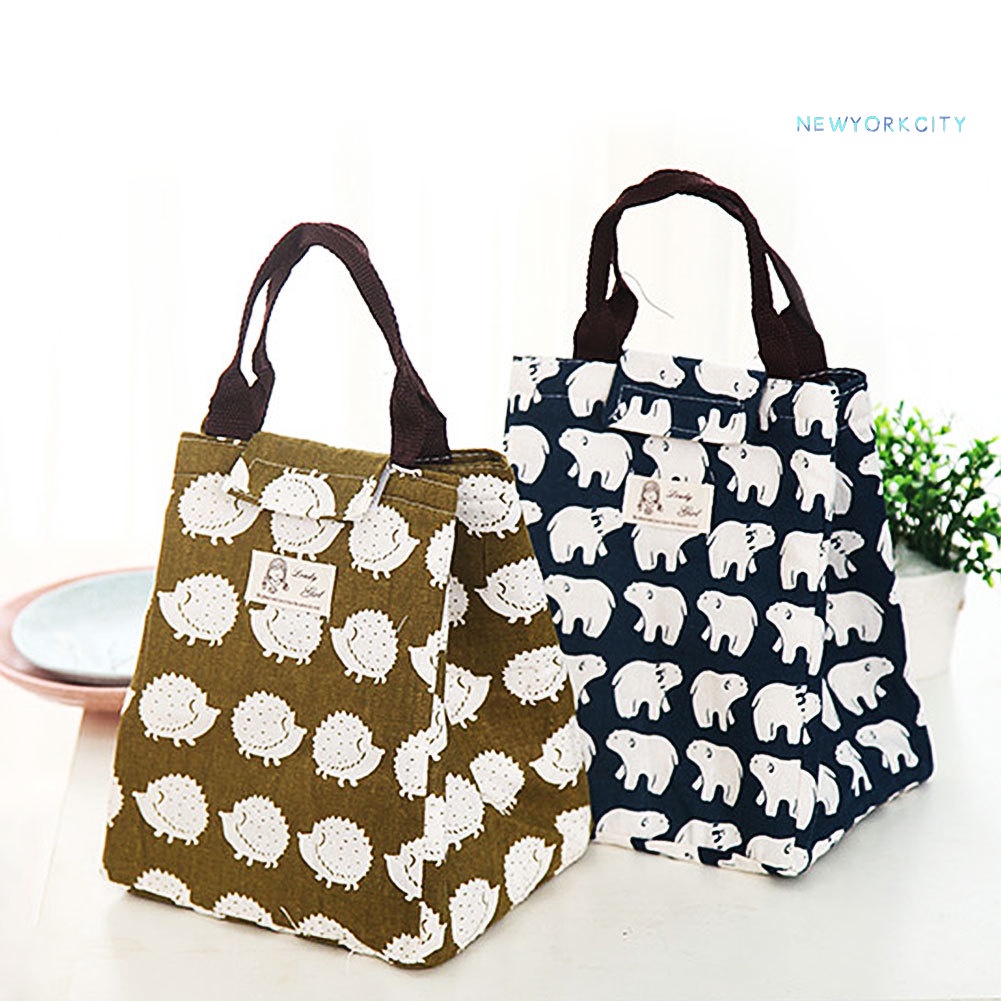 Túi Vải Canvas Giữ Nhiệt Đựng Đồ Ăn Trưa Hình Nhím/Gấu/Gấu Dễ Thương