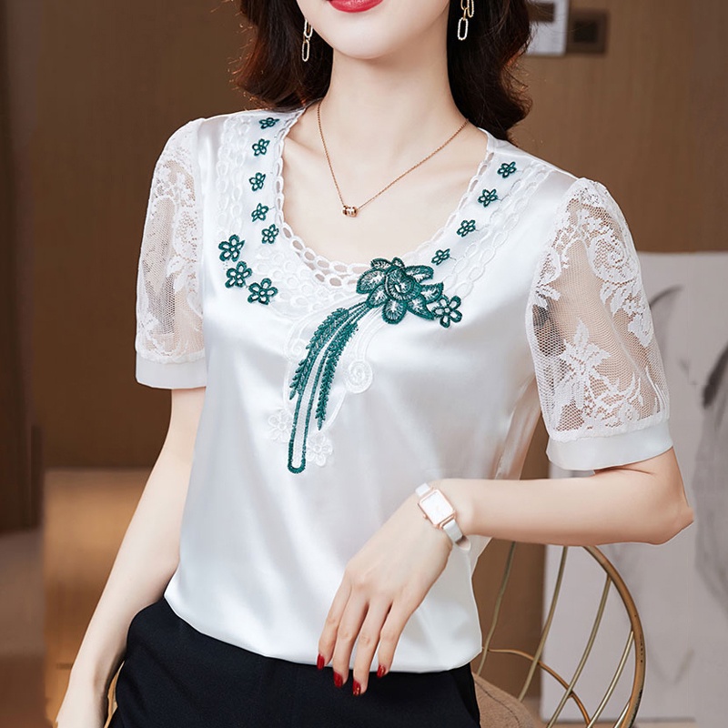 Áo Sơ Mi Vải Lụa Phối Ren Thêu Hoa Sang Trọng Thời Trang Mùa Hè Cho Nữ
