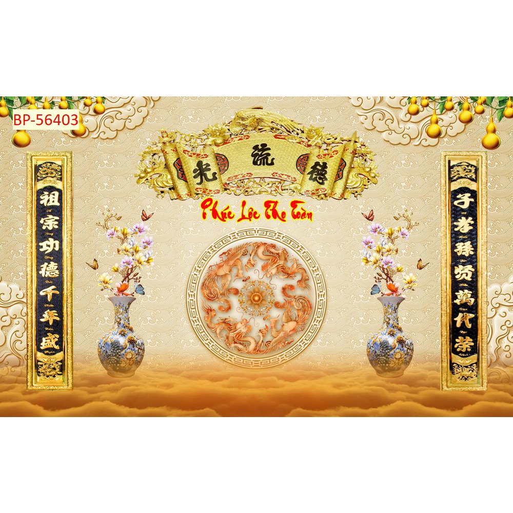 Tranh dán tường 3D Phòng Thờ Trang Nghiêm dán bàn thờ câu đối