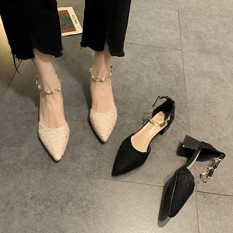 A Word Buckle With Women's Shoes 2021 New Summer Wild Korean Version Of The Pearl Pointed Shallow Mouth Temperament Blac
