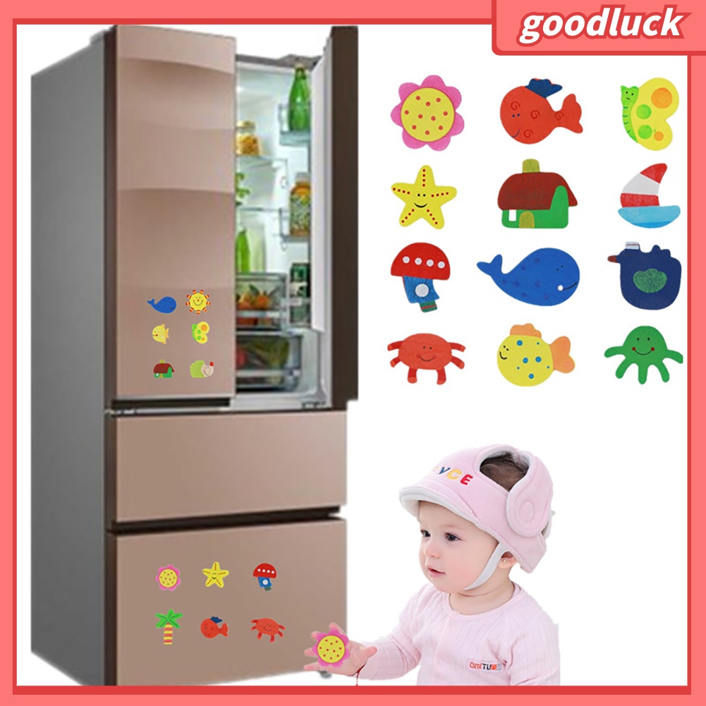 Bộ 12 miếng dán nam châm bằng gỗ hình hoạt hình mặt trời cá tính trang trí tủ lạnh cho bé