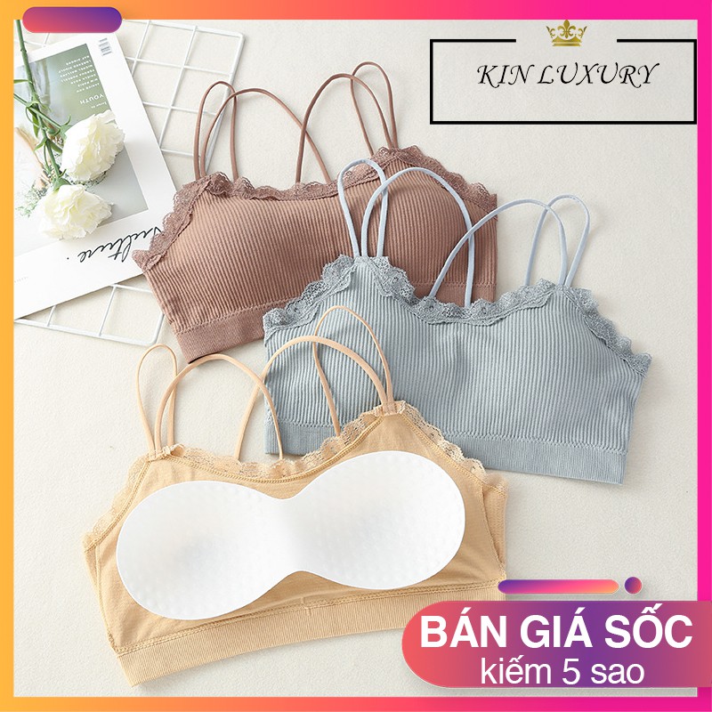 Áo bra nữ gân tăm phối ren hoa dây lưng đan chéo vải Cotton thoáng mát | BigBuy360 - bigbuy360.vn