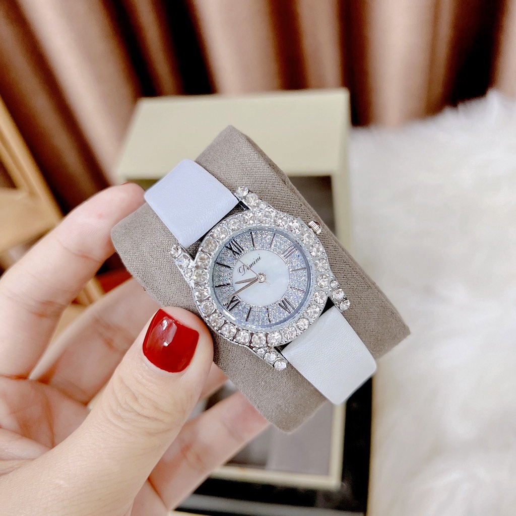 Đồng hồ DIMINI dây da mềm thiết kế đính đá kim cương nhân tạo sang trọng đeo cực sáng tay và nổi bật
