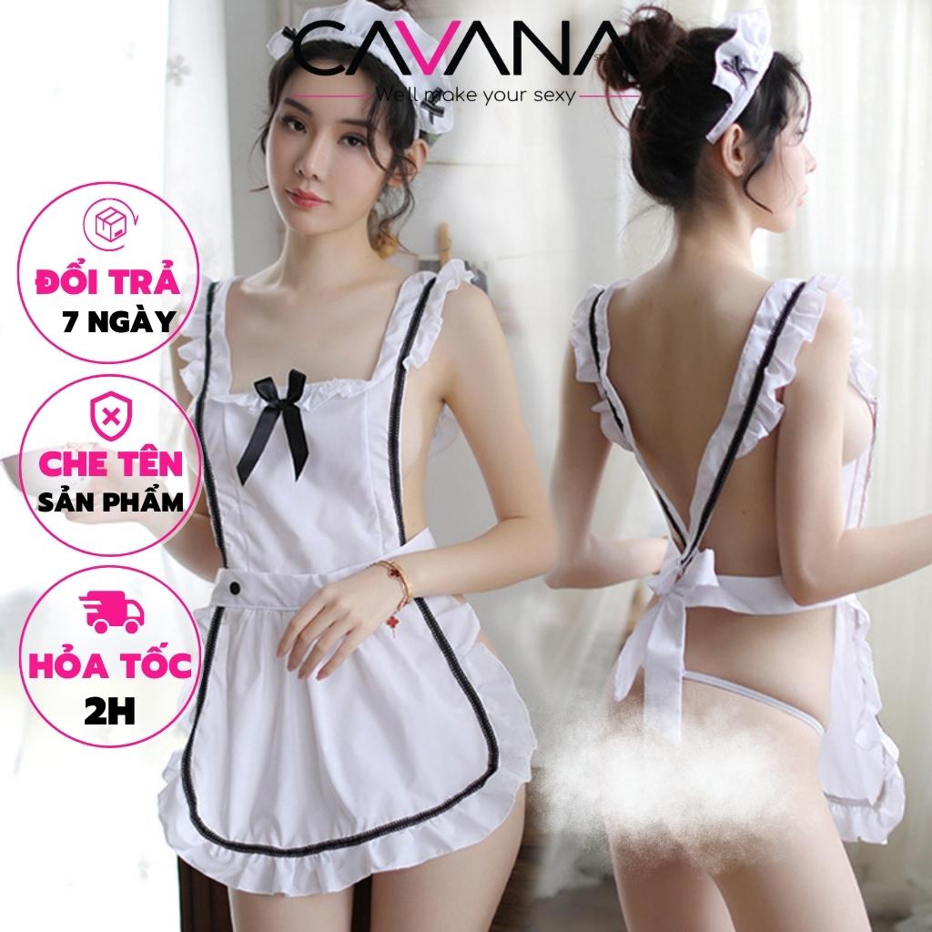 Đồ ngủ sexy cosplay, đồ cosplay sexy hầu gái dễ thương 100% cotton kèm mũ đội đầu C03 - CAVANA STORE
