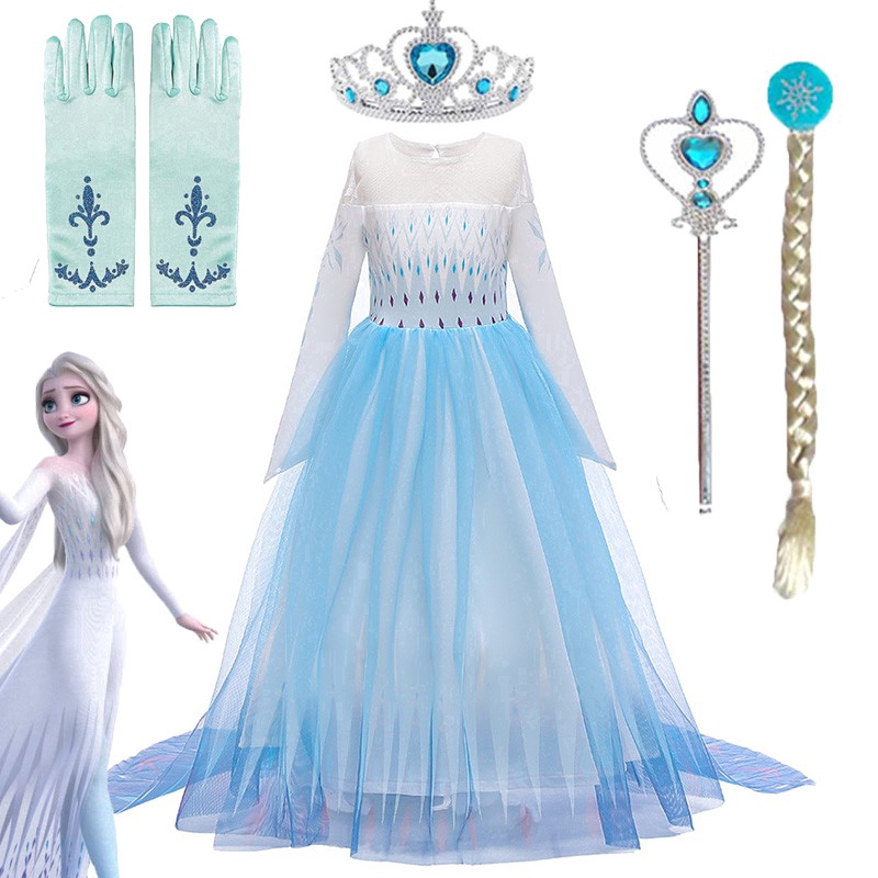 Disney Frozen 2 Elsa Anna Girls Long Sleeve Floor Length Tule Party Dress Halloween Costume