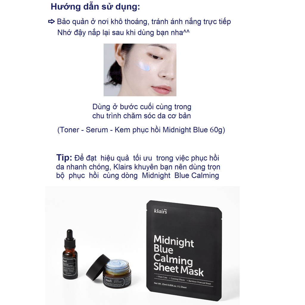 Kem Dưỡng Klairs Midnight, Kem Dưỡng Ẩm Klairs Blue Calming Cream 60g MOON21 Phục Hồi Tổn Thương Da