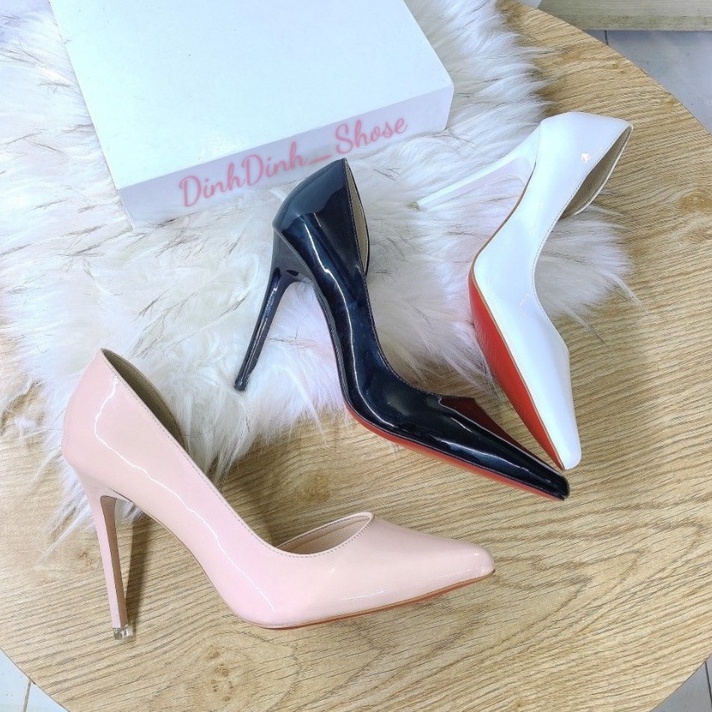 Giày cao gót nữ hở eo, bít mũi đế Pháp đỏ gót nhọn cao 7cm và 9cm chất da bóng thời trang   - DinhDinh Store