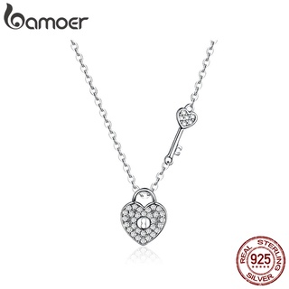 Vòng cổ bạc sterling 925 BAMOER CN315 phối mặt hình ổ khóa và chìa khóa trái tim tình yêu
