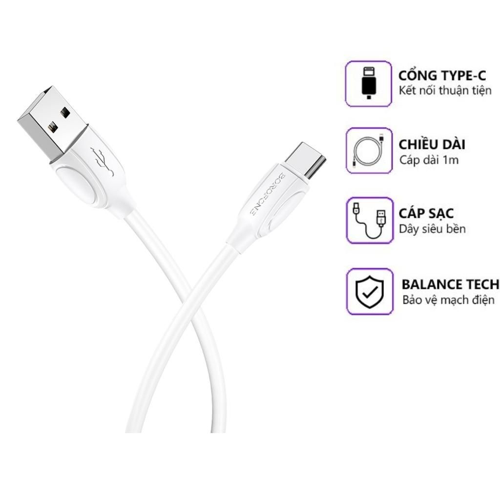 Cáp sạc nhanh type c Borofone BX51 sạc nhanh 3A [chính hãng] cho điện thoại androi, samsung, oppo, xiaomi