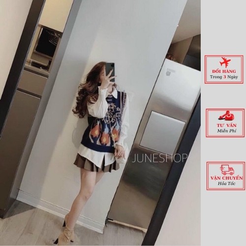 Áo gile len nữ thổ cẩm màu trắng xanh be phong cách ulzzang hàn quốc thời trang yolo fashion