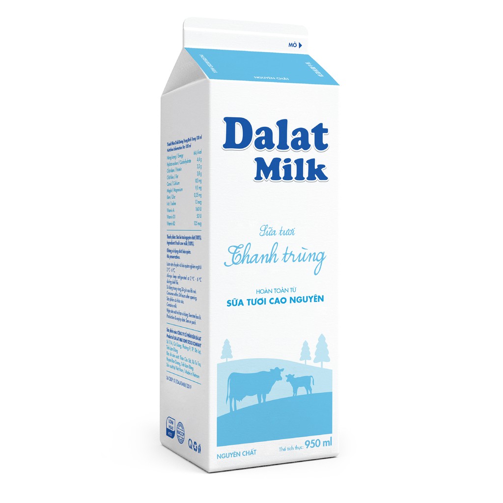 Sữa Tươi Thanh Trùng Không Đường, Đà Lạt Milk, 950ml