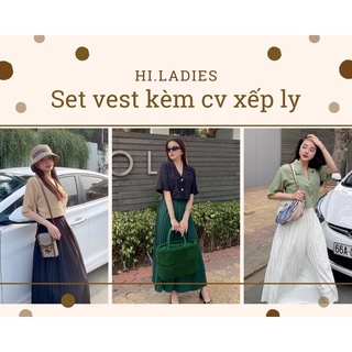 Set vest ngắn chân váy xoè dập ly 3 màu