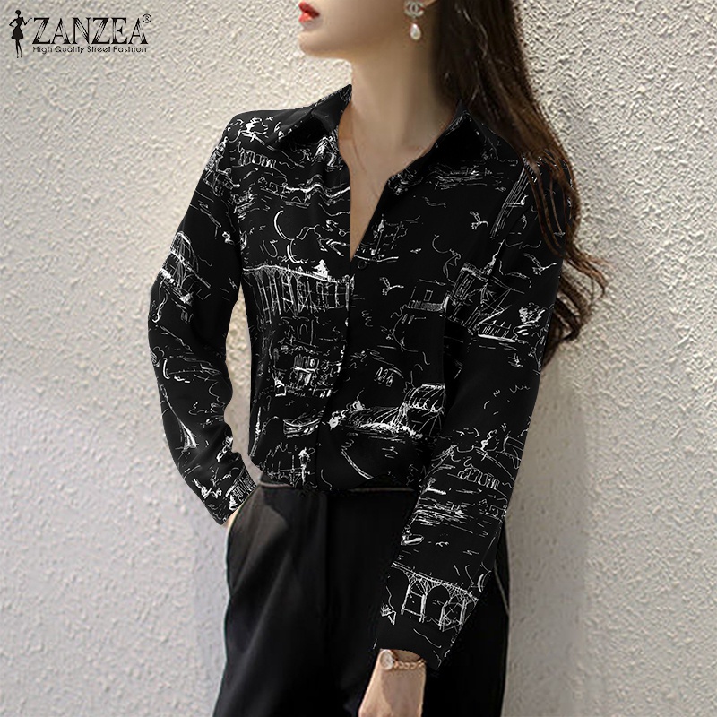 Áo kiểu ZANZEA cổ lật tay dài ôm dáng họa tiết in phong cách cổ điển phối nút đơn giản thời trang dành cho nữ