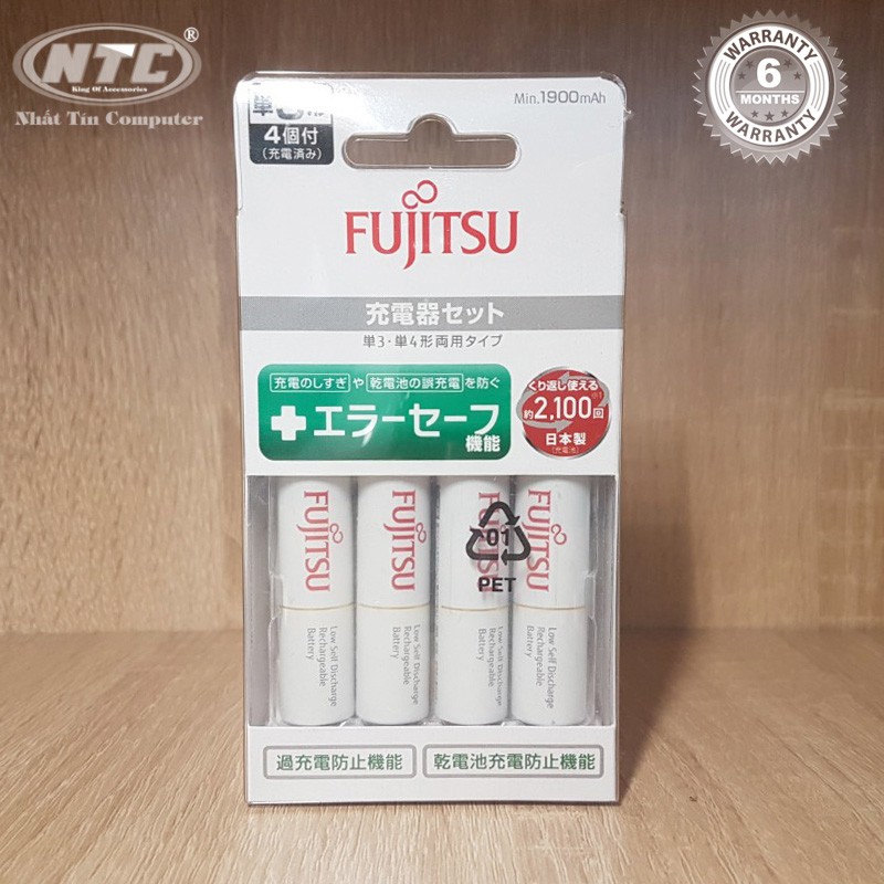 Box sạc kèm 4 pin AA Fujitsu HR-3UTC 1900mAh hàng nội địa box Nhật - made in JAPAN (trắng)