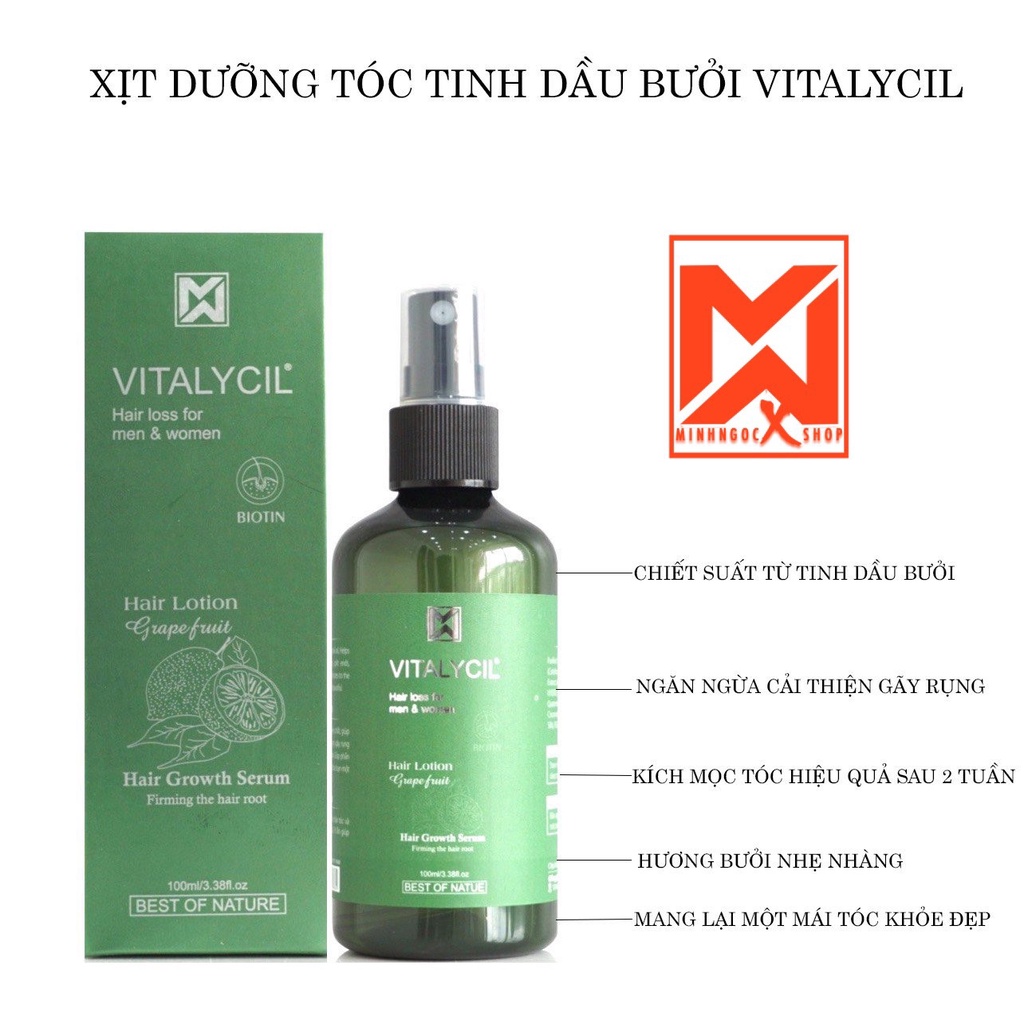 Tinh dầu bưởi, xịt dưỡng tóc tinh dầu bưởi VITALYCIL 100ml, chống rụng kích mọc tóc chính hãng