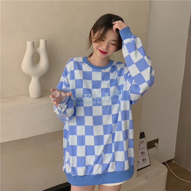Áo sweater tay dài dáng rộng sọc ca rô phối màu sắc tương phản trẻ trung thời trang dành cho nữ | BigBuy360 - bigbuy360.vn