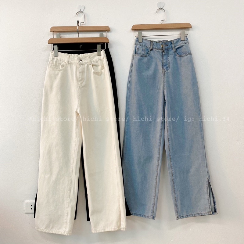 quần bò suông ống rộng kaki xẻ gấu hichi