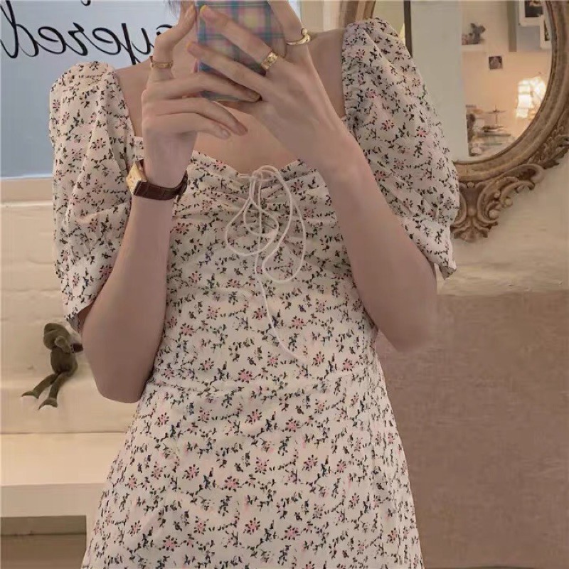 Váy hoa nhí Hàn Quốc tay bồng nhún ngực cột dây dáng chữ A | BigBuy360 - bigbuy360.vn