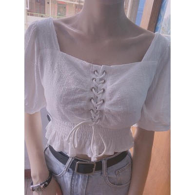 Áo trắng dây rút retro DA238