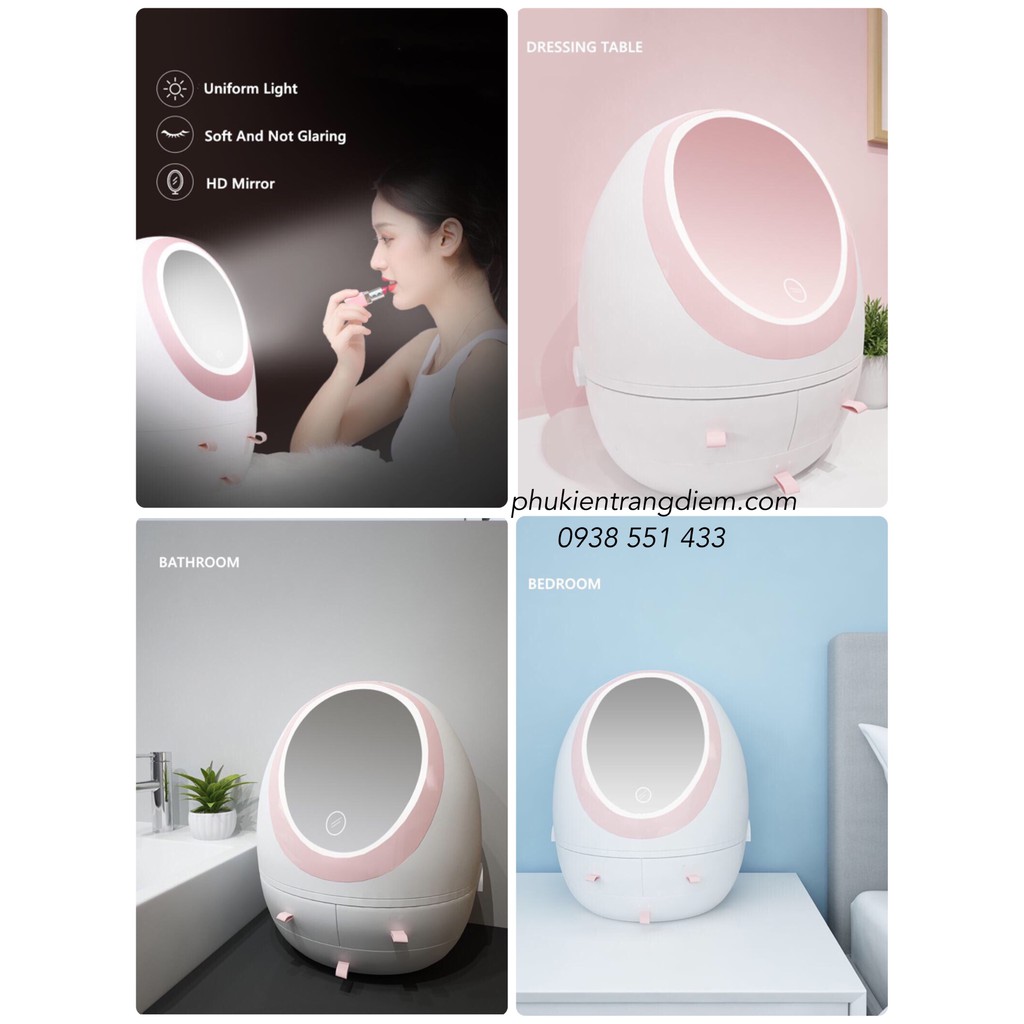 Kệ Tủ Trang Điểm Có Gương Đèn LED Mini Để Bàn Cao Cấp