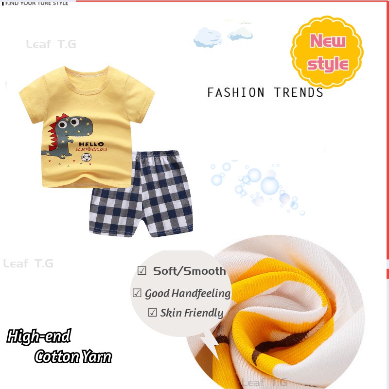 Bộ áo thun vải cotton tay ngắn + quần đùi họa tiết hoạt hình ngộ nghĩnh dành cho bé trai 1-5 tuổi