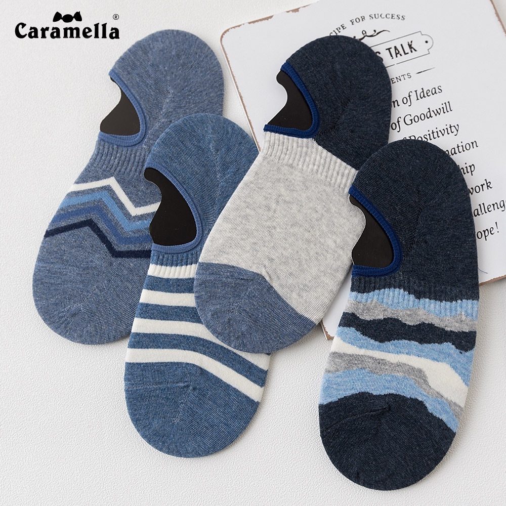 Bộ 4 đôi tất lười vớ lười cho nam màu xanh hãng Caramella chất liệu cotton khử mùi kháng khuẩn chống hôi chân 53524