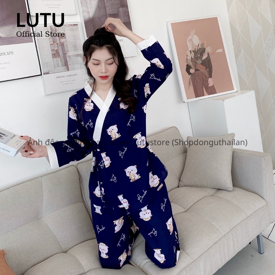 Bộ Pijama Kimono Dài Tay Phối Viền Họa Tiết Dễ Thương Chất Mềm Mịn | BigBuy360 - bigbuy360.vn