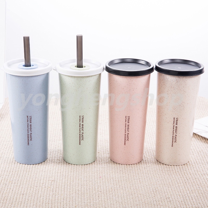 Cốc Uống Nước Có Nắp Đậy Bằng Nhựa Và Sợi Rơm Lúa Mì Cho Trẻ Em