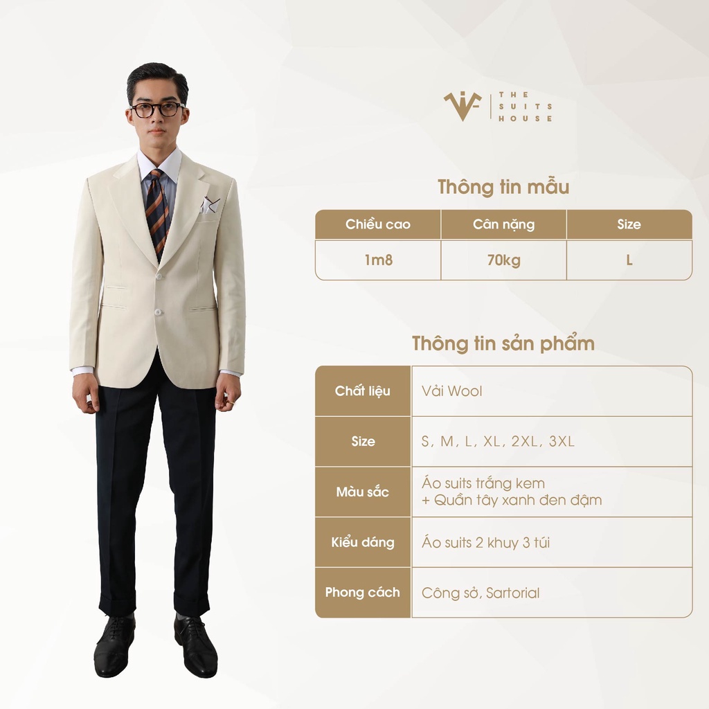 Bộ vest nam trắng kem phối xanh đen đậm 2 khuy 3 túi, suits sartorial chất cashmere The Suits House