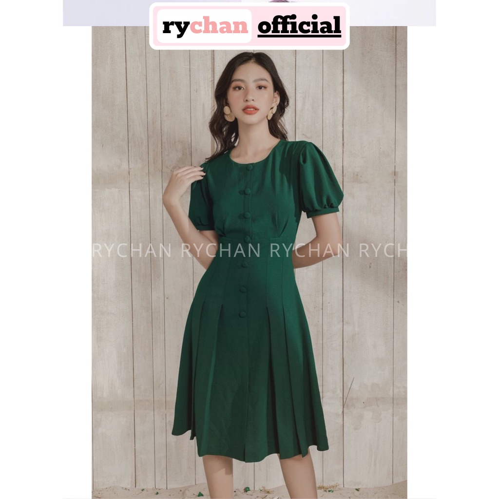 Đầm Xòe Xanh Rêu Nút Bọc Tay Phồng Dập Ly - DX937