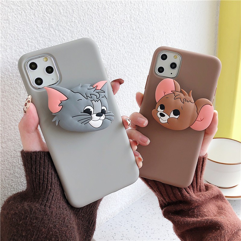 Ốp lưng iPhone 12 mini 11 Pro X XR XS Max 8 7 6 6S Plus SE 2020 Candy Solid Color Cartoon Soft Case Cover+Cat Mouse Stand