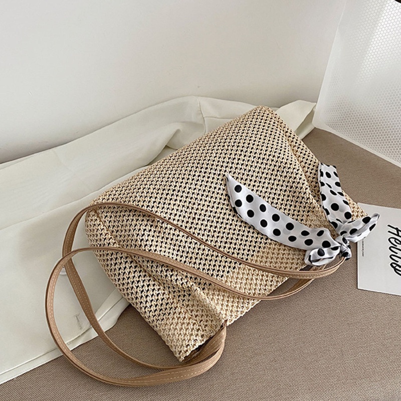 Túi cói xách tay sức chứa lớn thắt dây ruy băng lụa phong cách vintage thời trang dành cho nữ