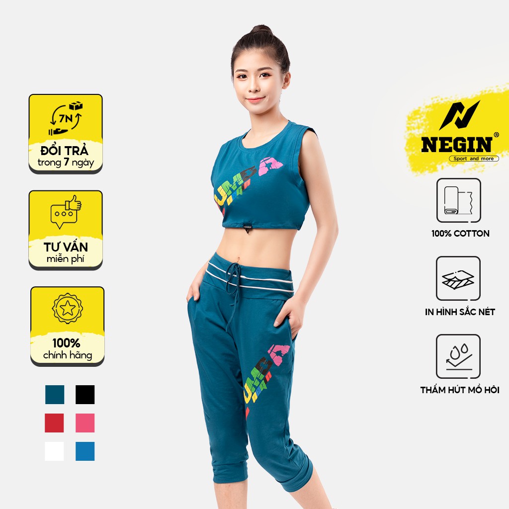 Bộ Đồ Tập Zumba NEGIN Dáng Lỡ Áo Croptop Ba Lỗ Và Quần Ngố Bo Gấu, Chất Liệu 100% Cotton Cao Cấp Thấm Hút Mồ Hôi