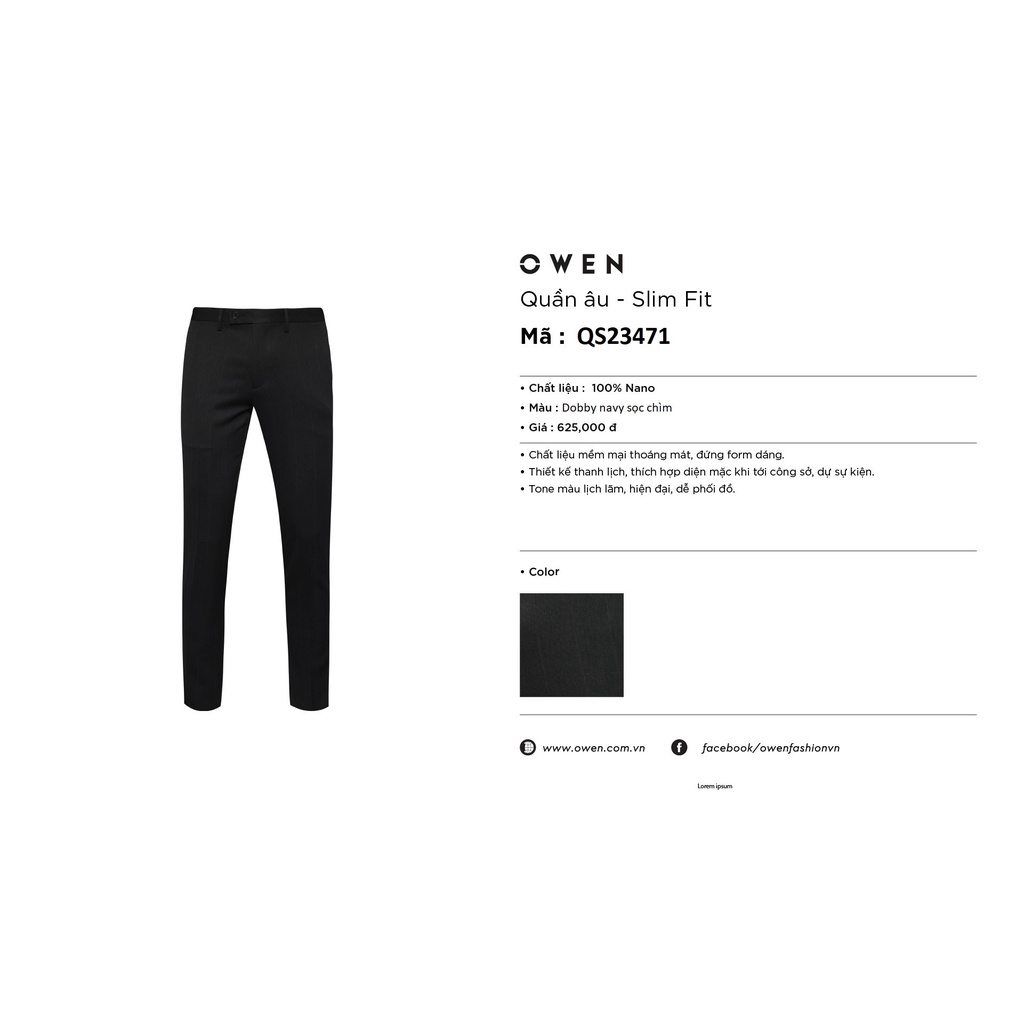 Quần Âu Nam Quần Tây Công Sở Cao Cấp Owen QS23471 Dài Chân Dáng Ôm Ống Côn Màu Xanh Navy Sọc Chìm Vải Nano Mềm Mát