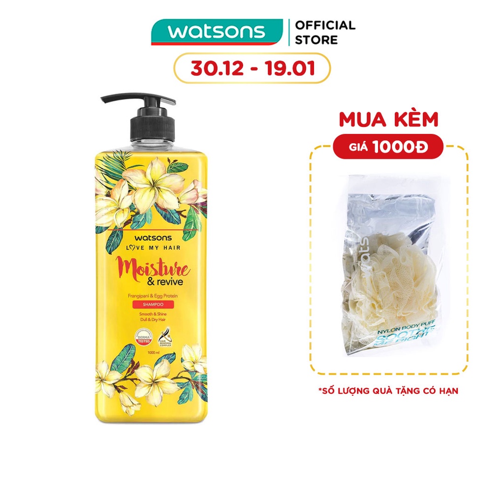 Dầu Gội Watsons Love My Hair Frangipani &amp; Egg Protein Shampoo Cấp Nước Dành Cho Tóc Hư Tổn 1000ml