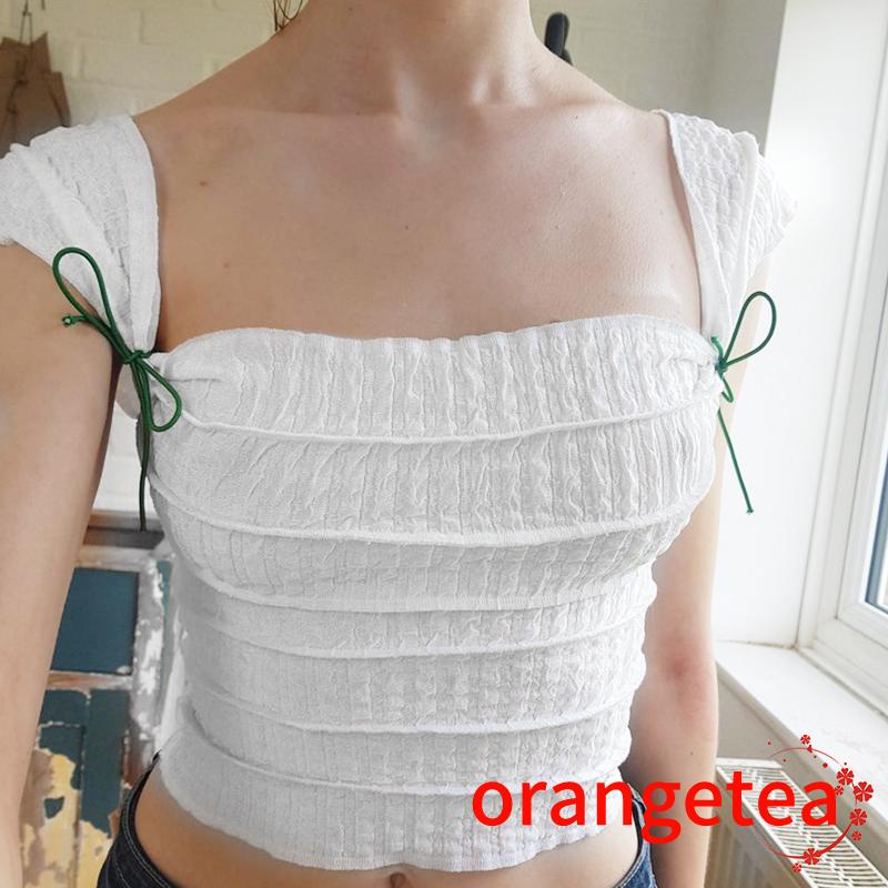 Áo Lửng Sát Nách Cổ Vuông Màu Trơn Buộc Dây Thời Trang Cho Nữ