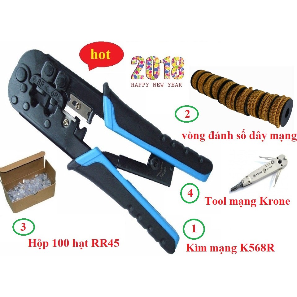 Bộ 4 sản phẩm Kìm Talon 568R + Tool Krone + Vòng đánh số+ Hộp 100 RJ45