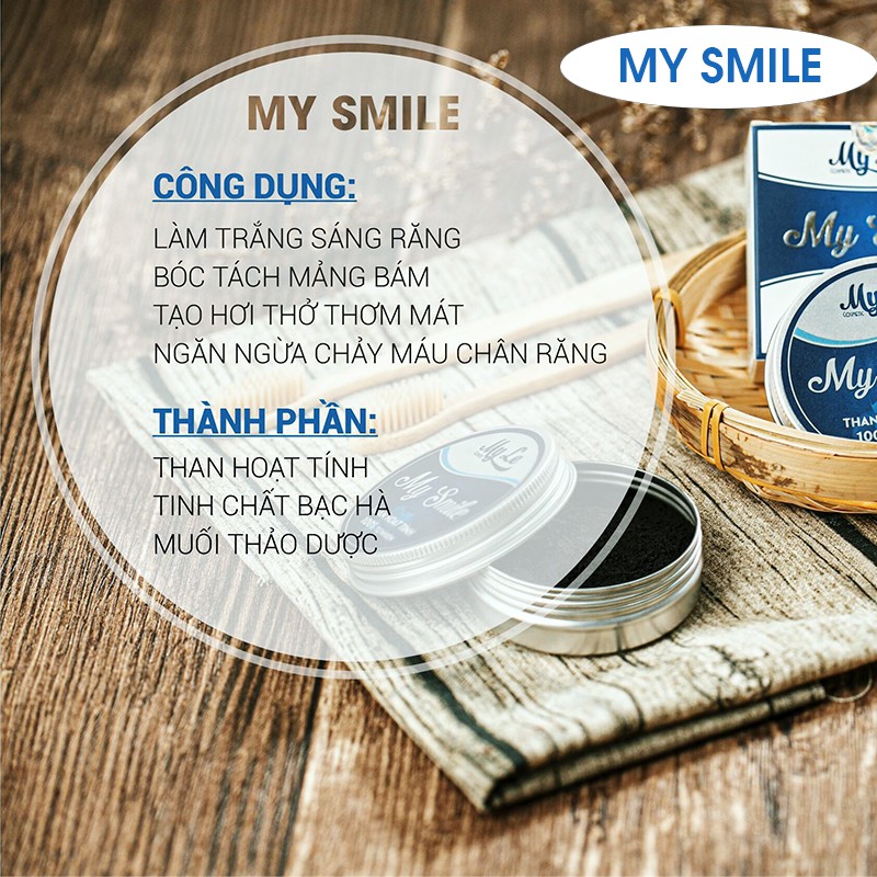 Bột than hoạt tính trắng răng My Smile 70gr bột đánh răng làm trắng răng từ than hoạt tính