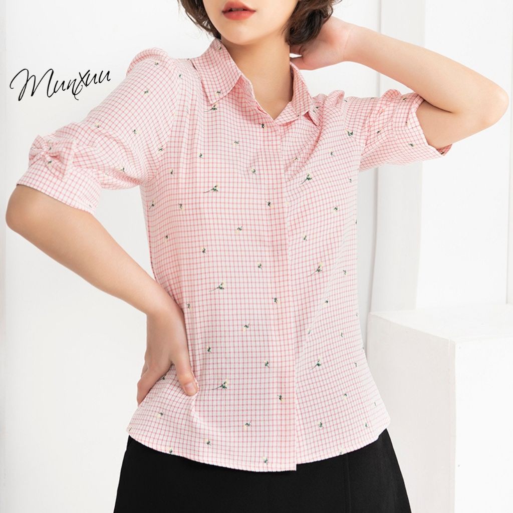 Áo sơ mi nữ caro MUNXUU thiết kế tay lỡ, họa tiết hoa nhí dễ thương - BS07 Hồng
